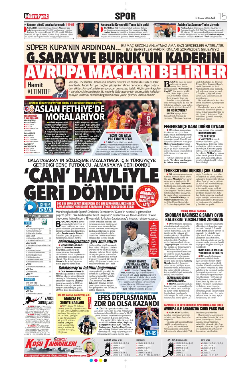"Aslan'a Ruiz'de dev rakip" (13 Ocak 2026 spor manşetleri) 13