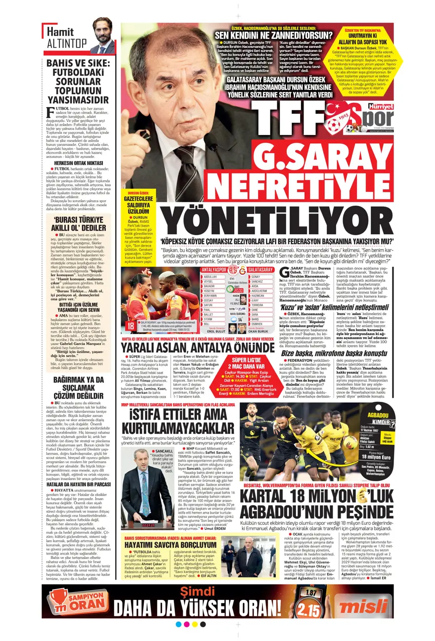 "Avrupa tamam, sıra ligde" (13 Aralık 2025 spor manşetleri) 14