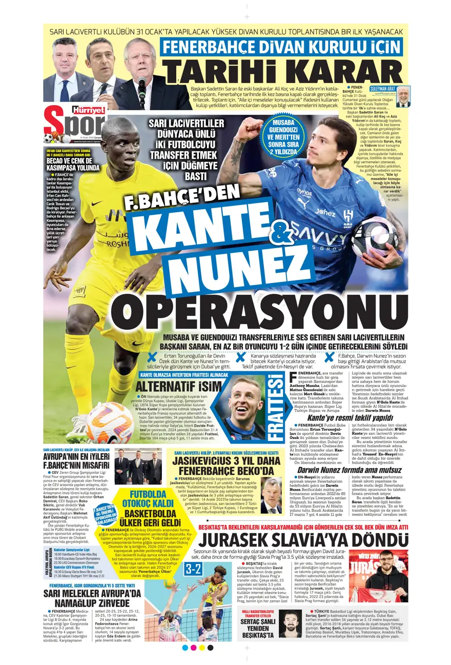 "Fenerbahçe'de Kante haftası" (14 Ocak 2026 spor manşetleri) 20