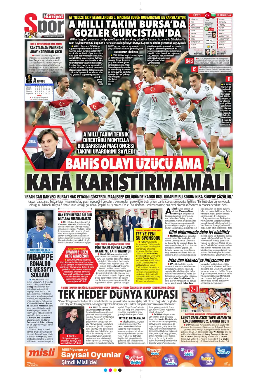 "Parola zafer" (15 Kasım 2025 spor manşetleri) 16