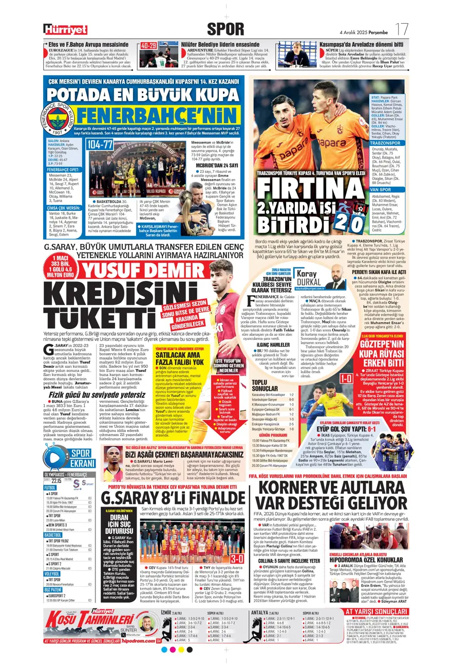 "Kupada da fırtına gibi" (4 Aralık 2025 spor manşetleri) 10