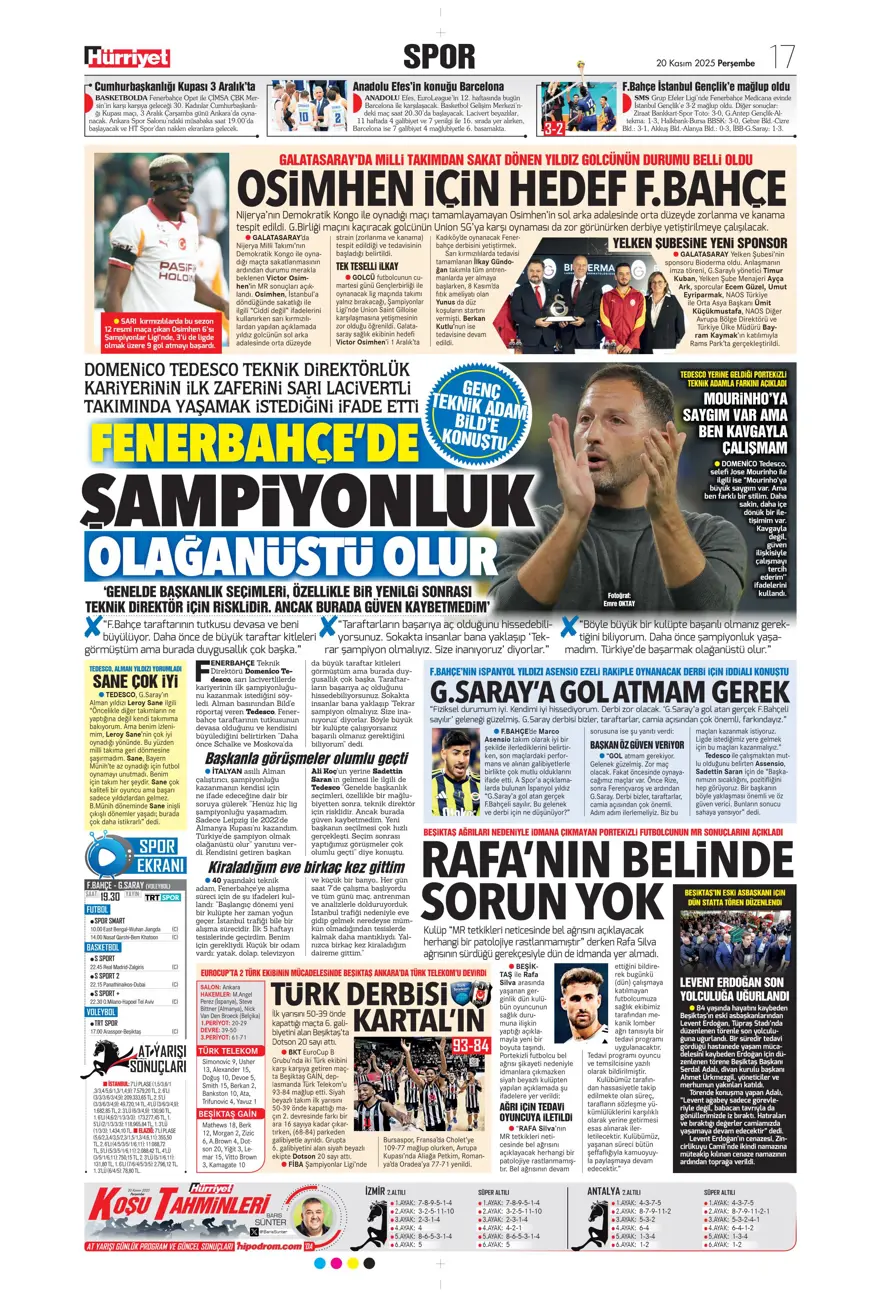 "O bilet gelecek" (20 Kasım 2025 spor manşetleri) 18