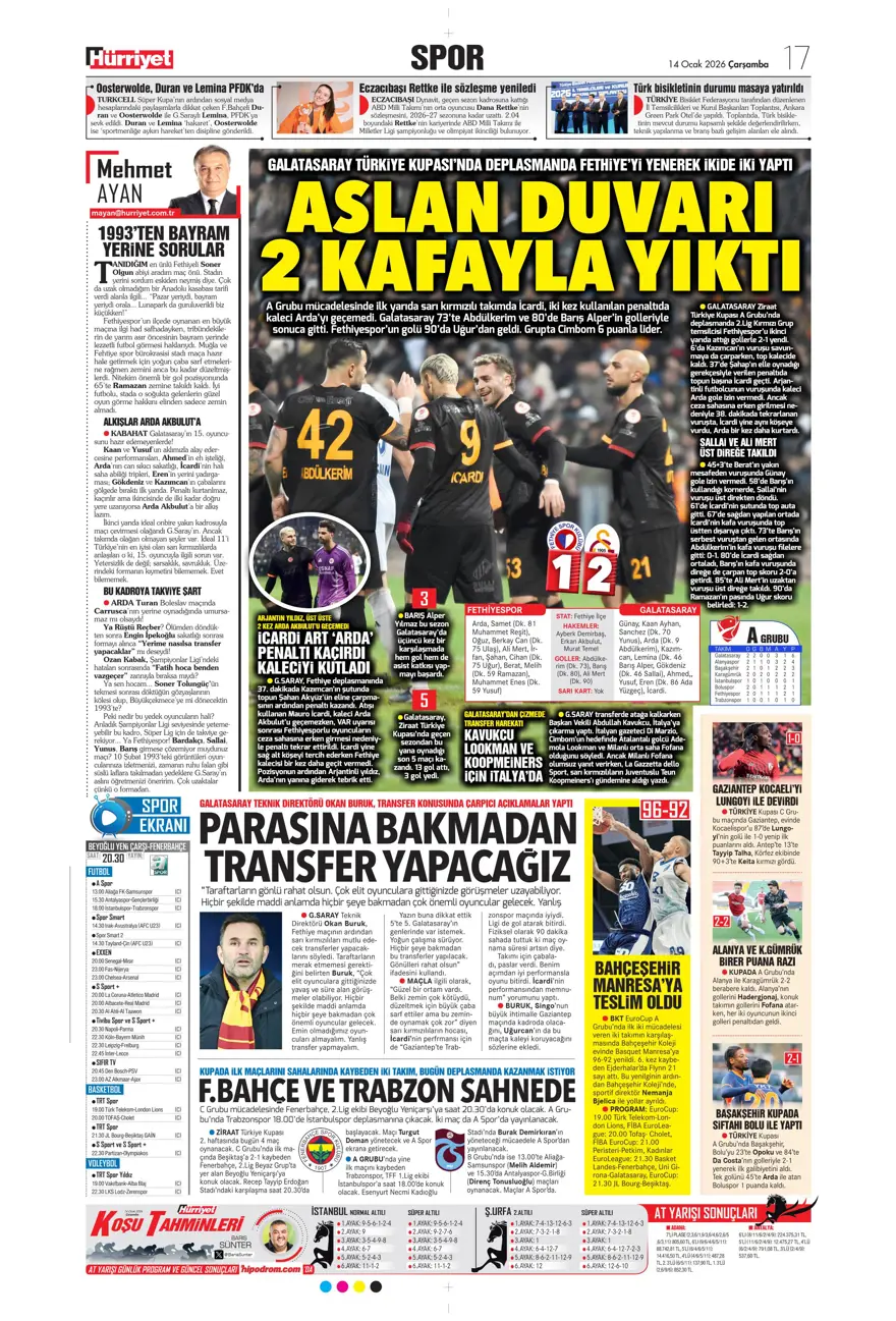 "Fenerbahçe'de Kante haftası" (14 Ocak 2026 spor manşetleri) 12