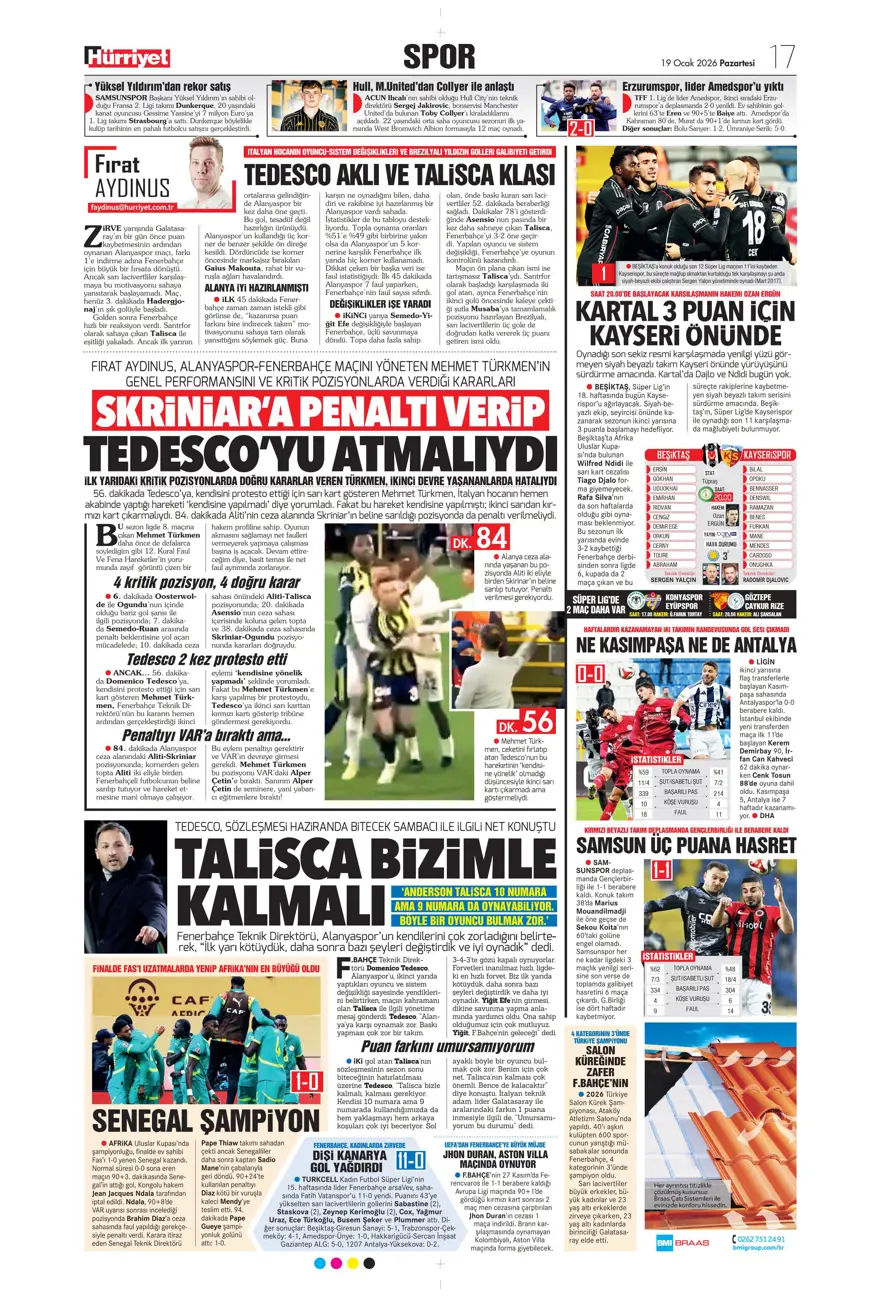 "Zirveye yürüyor" (19 Ocak 2026 spor manşetleri) 15