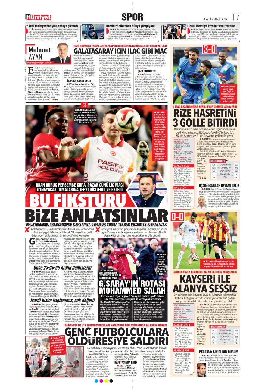 "Derbi ateşi" (14 Aralık 2025 spor manşetleri) 13