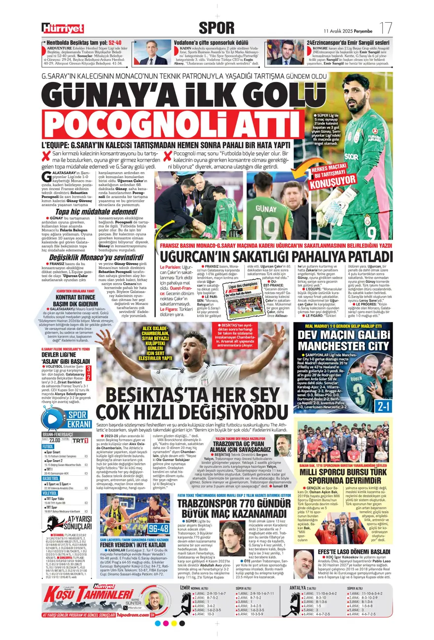 "Zafer yakışır" (11 Aralık 2025 spor manşetleri)
 12