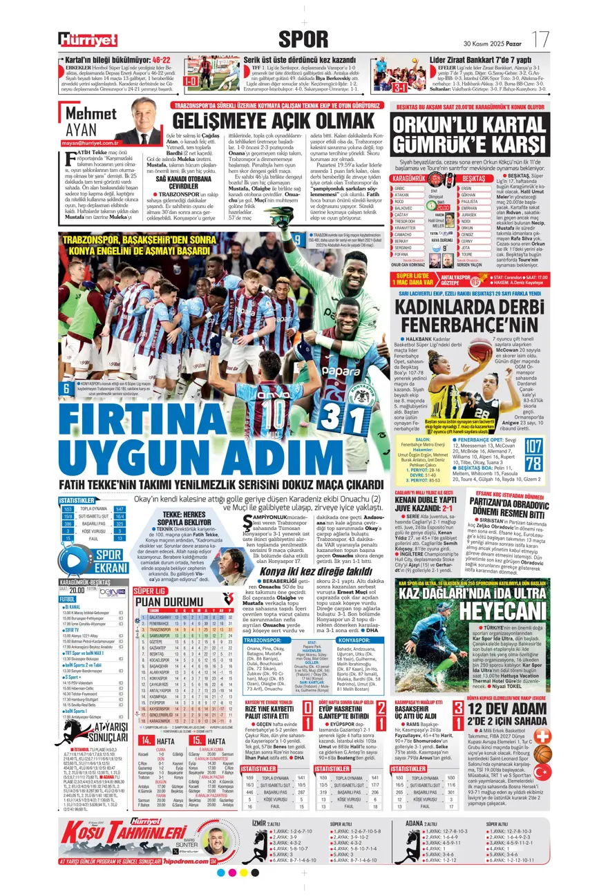 "Zirvede fırtına" (30 Kasım 2025 spor manşetleri) 10