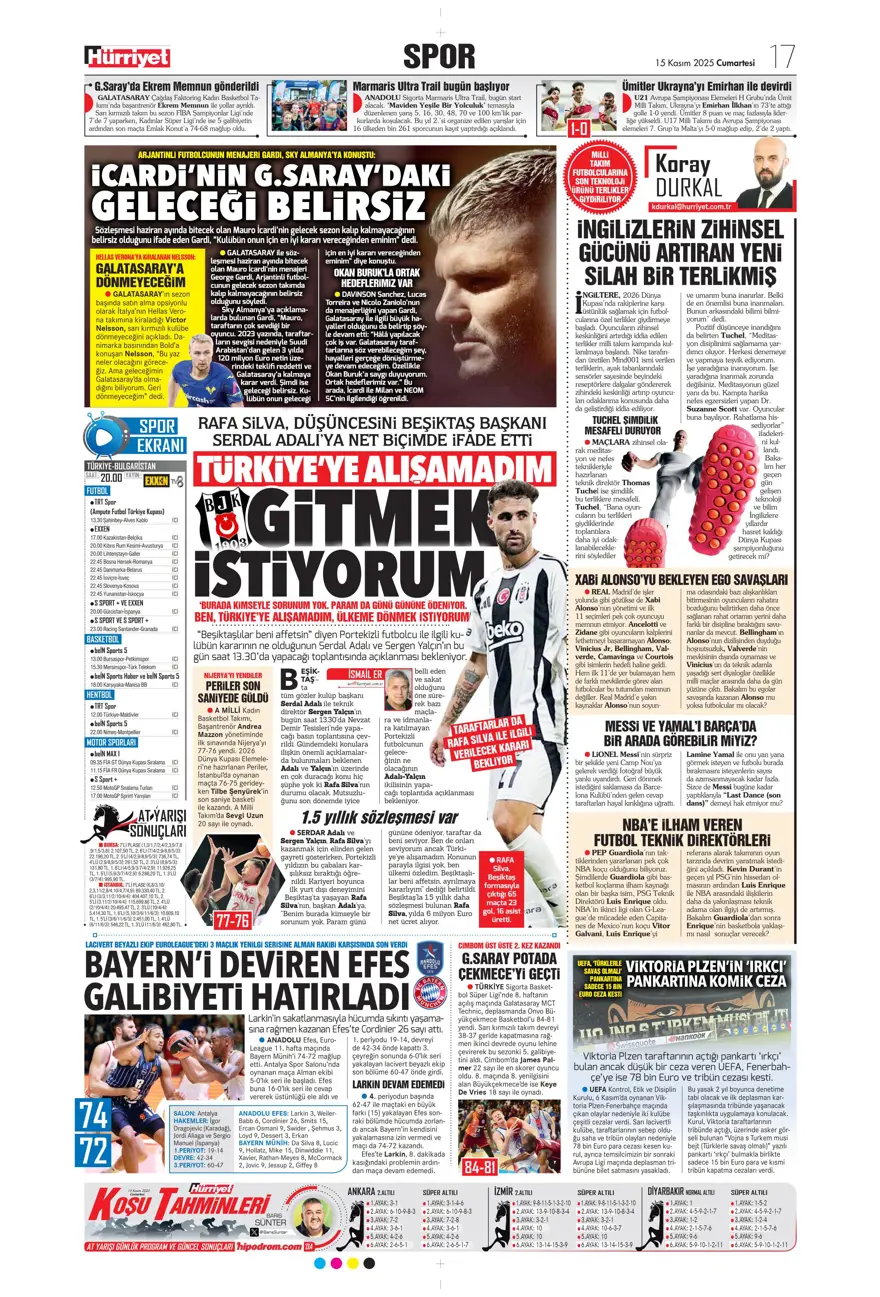 "Parola zafer" (15 Kasım 2025 spor manşetleri) 10