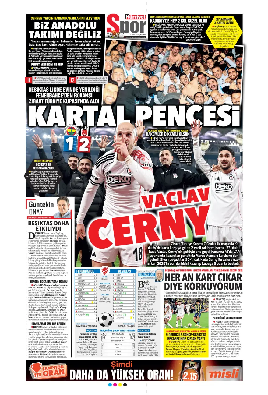 "Kadıköy'de Cerny pençesi" (24 Aralık spor manşetleri) 12 "Kadıköy'de Cerny pençesi" (24 Aralık spor manşetleri) 12