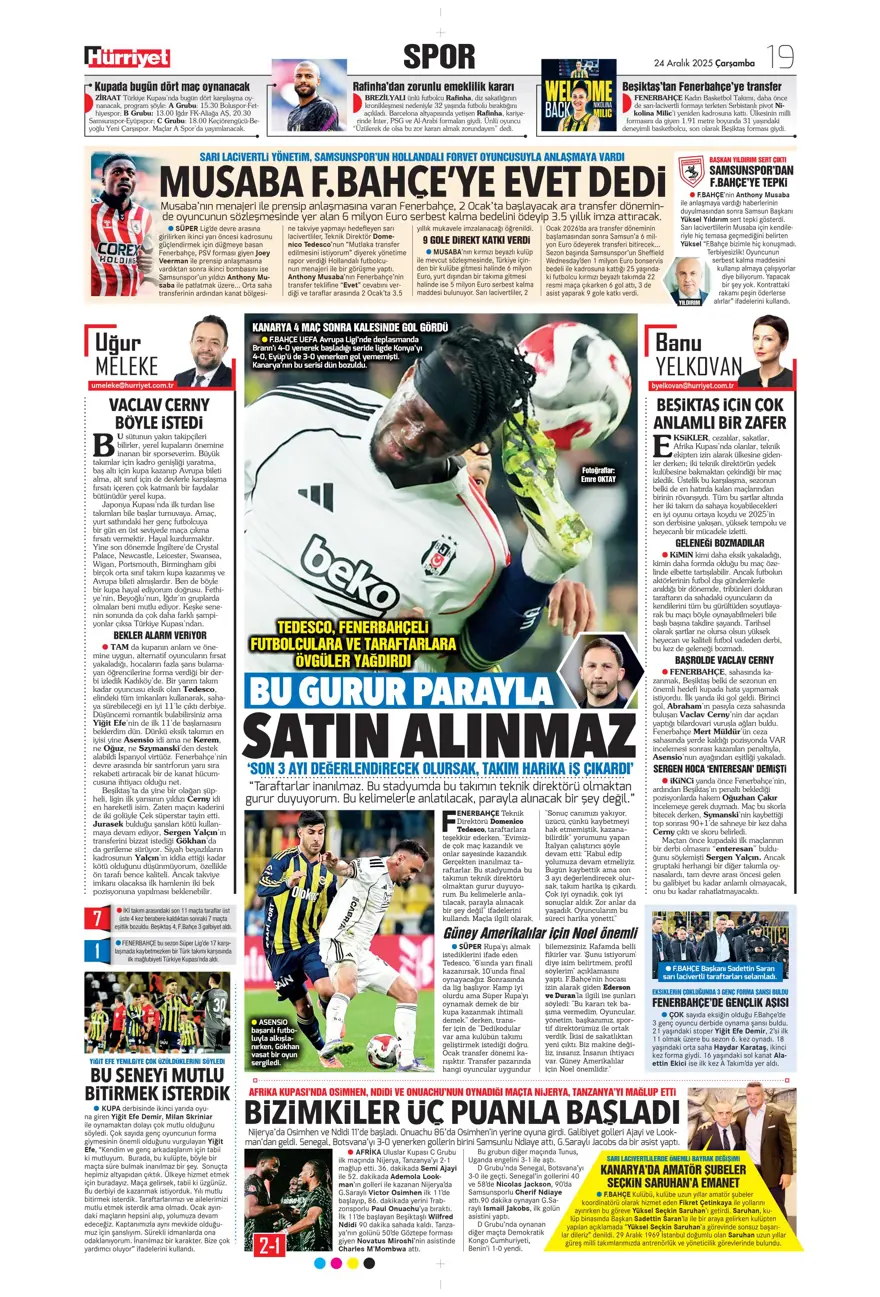 "Kadıköy'de Cerny pençesi" (24 Aralık spor manşetleri) 13 "Kadıköy'de Cerny pençesi" (24 Aralık spor manşetleri) 13