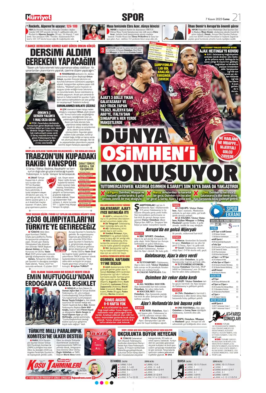 "Hakem 2 puanı çaldı" (7 Kasım 2025 spor manşetleri) 14 "Hakem 2 puanı çaldı" (7 Kasım 2025 spor manşetleri) 14