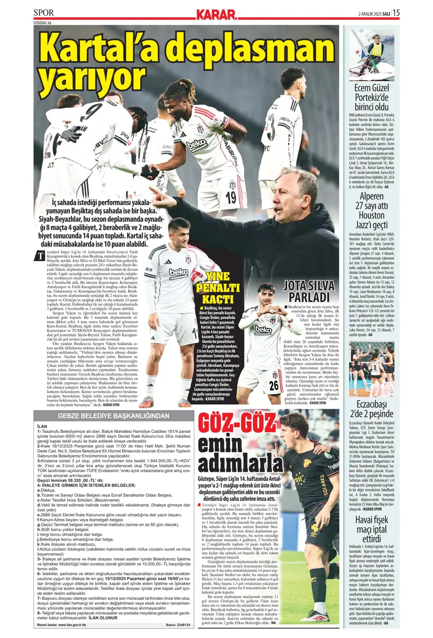 "Aslan salladı, Kanarya yıkılmadı" (2 Aralık 2025 spor manşetleri) 15