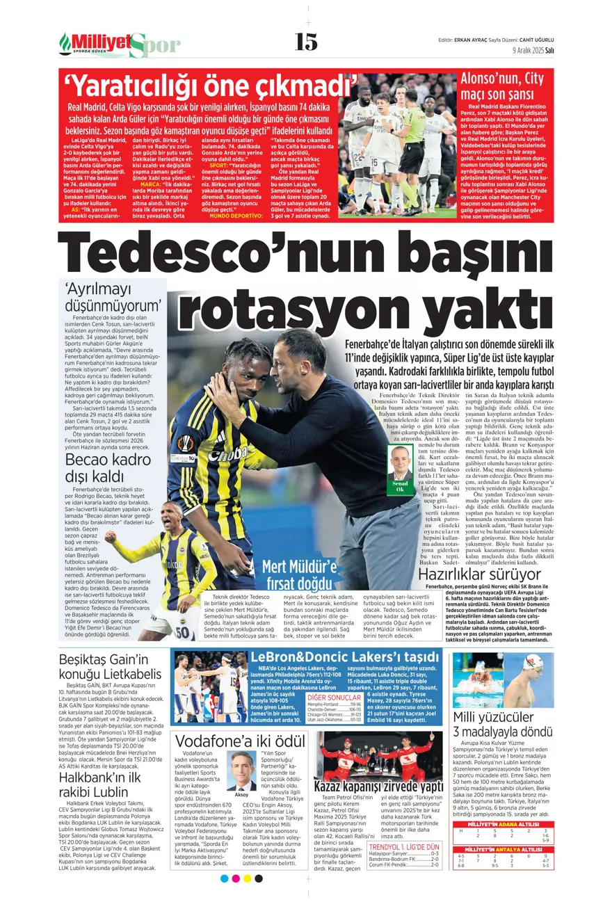 "Tedesco'nun başını rotasyon yaktı" (9 Aralık 2025 spor manşetleri) 14