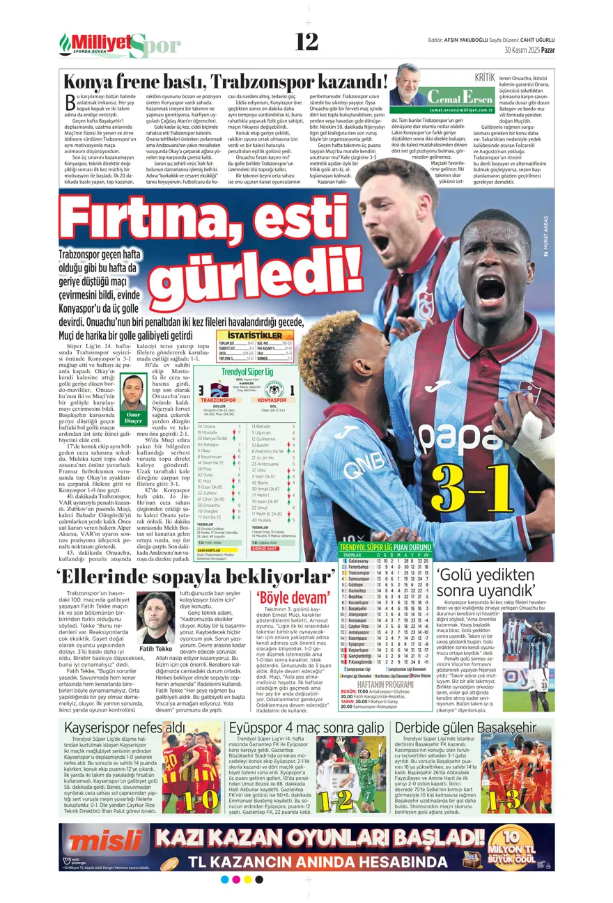 "Zirvede fırtına" (30 Kasım 2025 spor manşetleri) 19