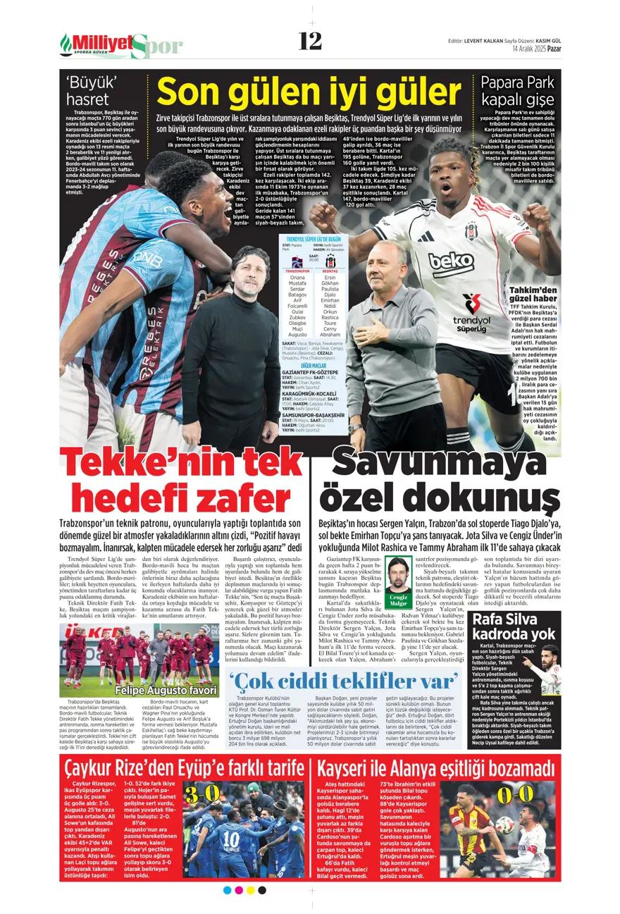 "Derbi ateşi" (14 Aralık 2025 spor manşetleri) 17