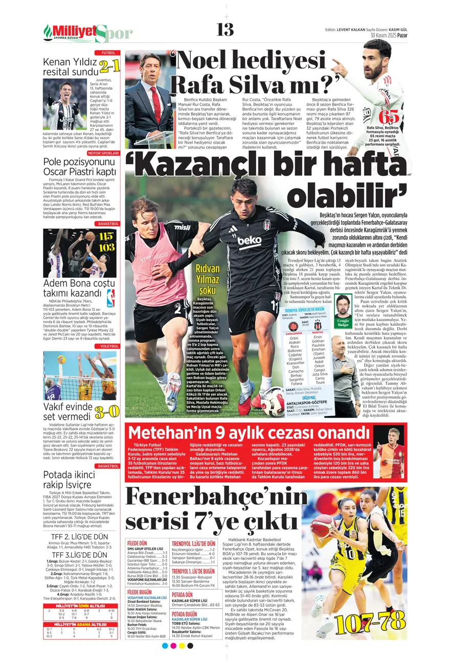 "Zirvede fırtına" (30 Kasım 2025 spor manşetleri) 23