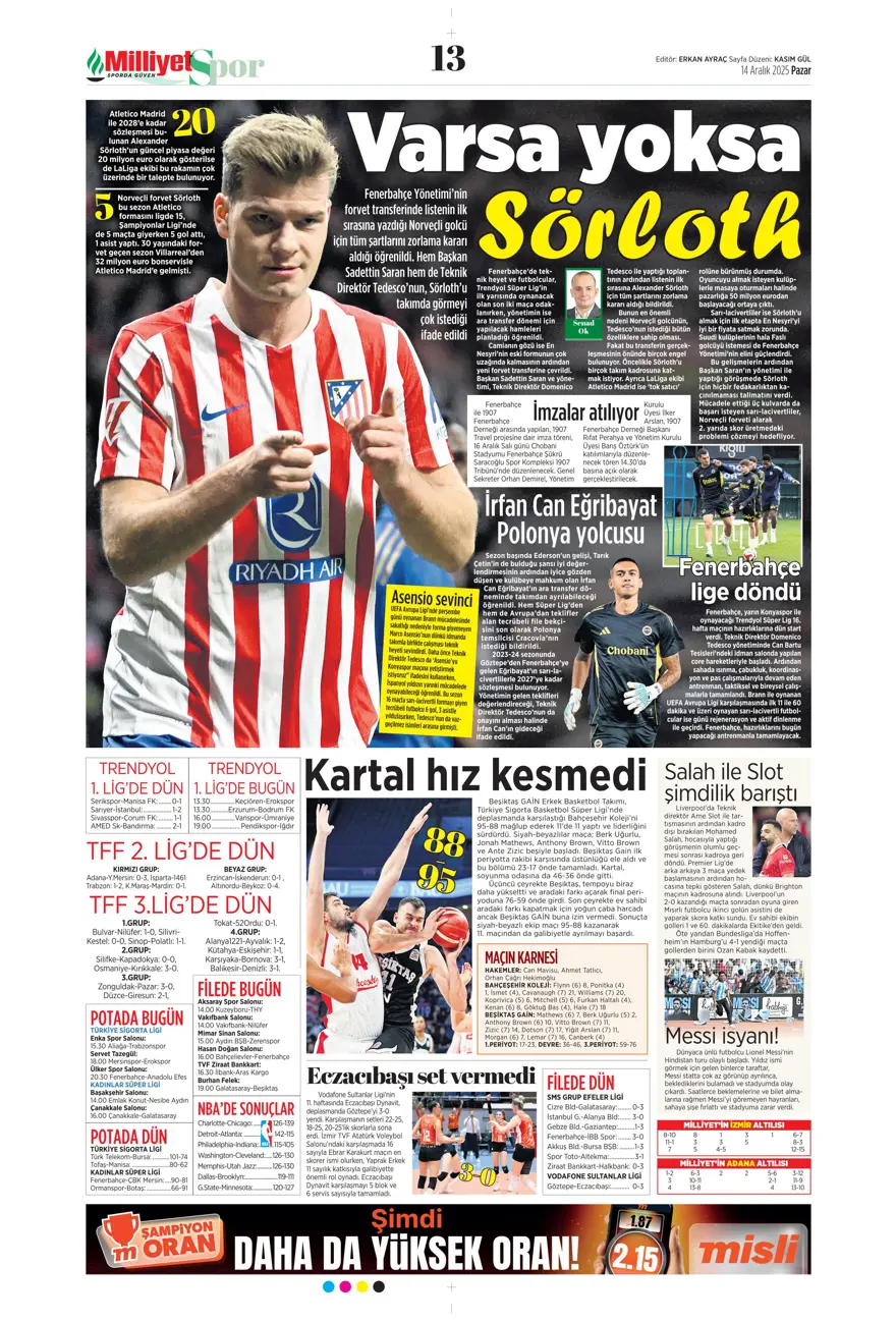 "Derbi ateşi" (14 Aralık 2025 spor manşetleri) 16