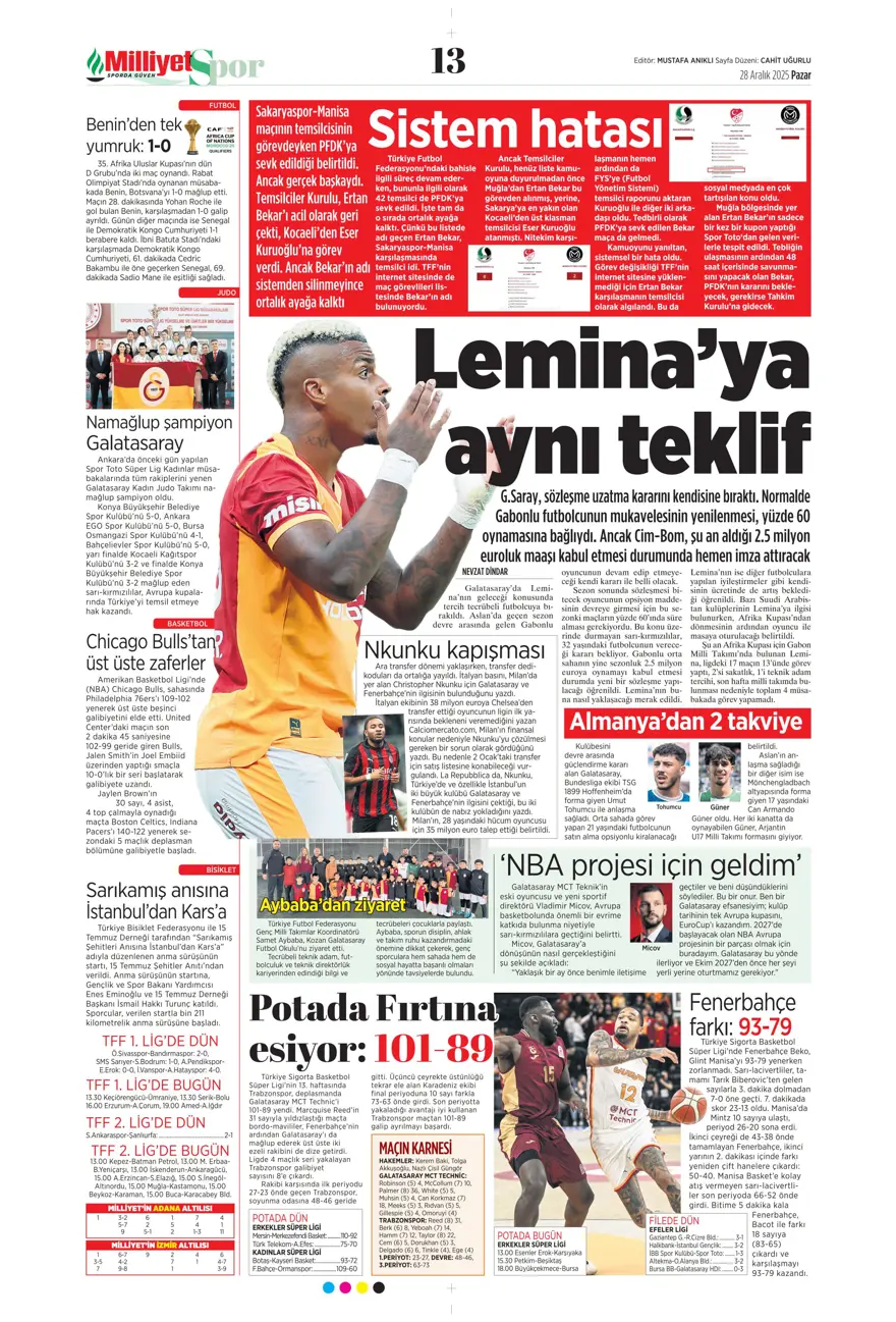 "Nkunku derbisi" (28 Aralık 2025 spor manşetleri) 17