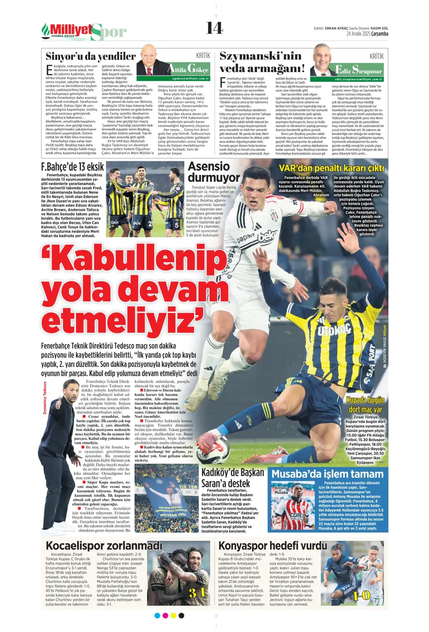 "Kadıköy'de Cerny pençesi" (24 Aralık spor manşetleri) 15 "Kadıköy'de Cerny pençesi" (24 Aralık spor manşetleri) 15