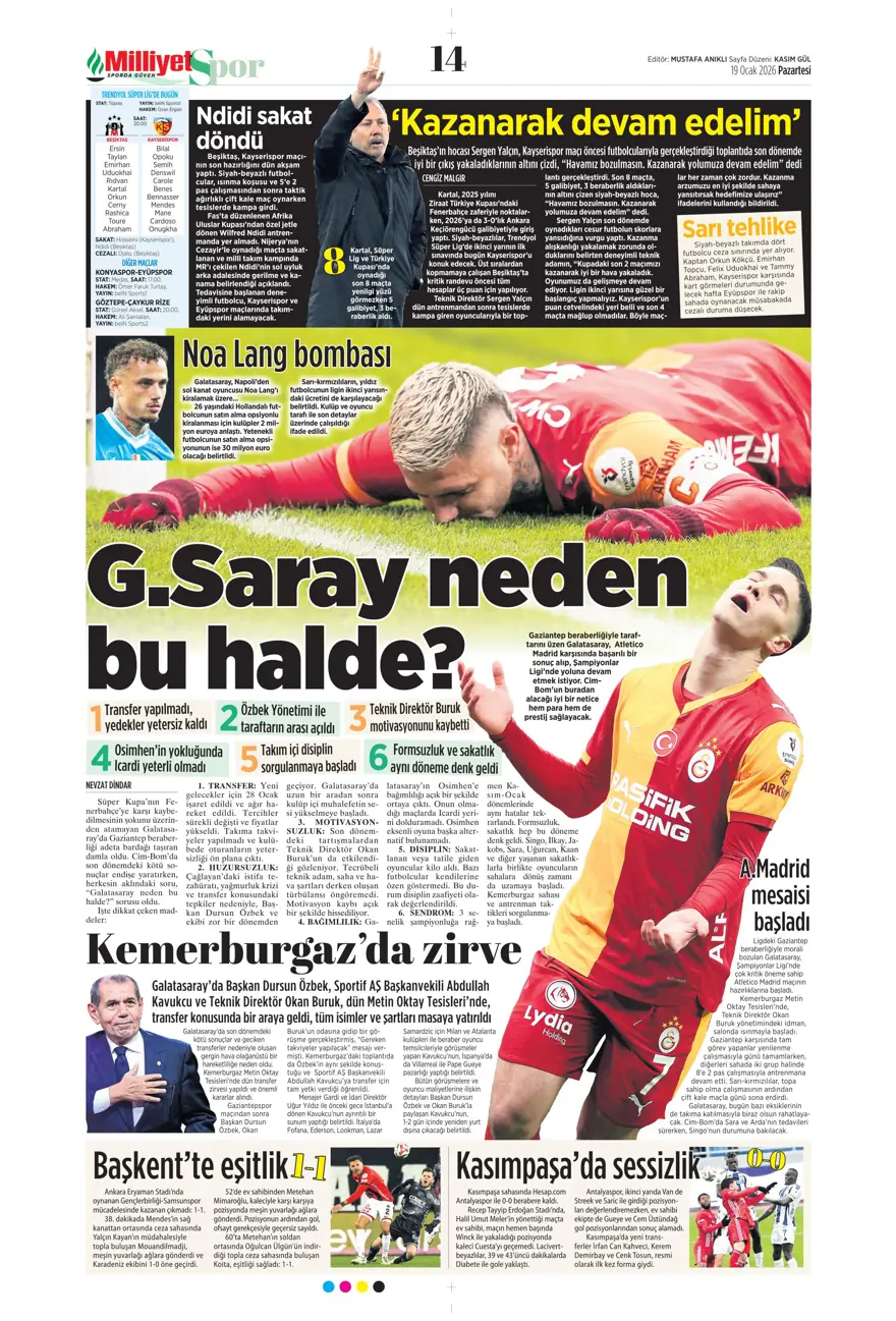 "Zirveye yürüyor" (19 Ocak 2026 spor manşetleri) 25