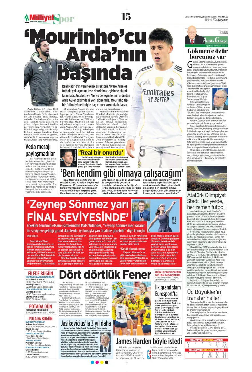 "Fenerbahçe'de Kante haftası" (14 Ocak 2026 spor manşetleri) 16