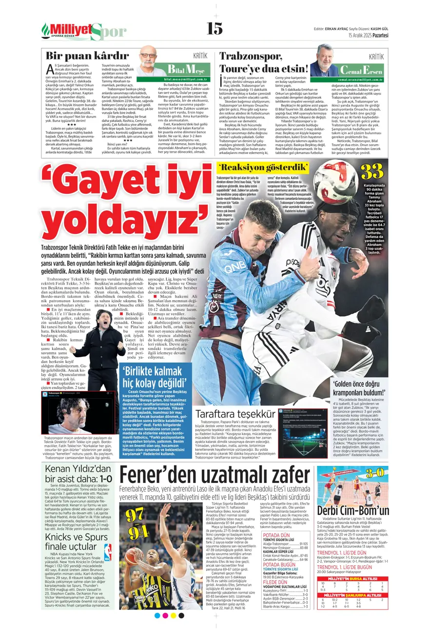 "Her şey var, kazanan yok" (15 Aralık 2025 spor manşetleri) 19 "Her şey var, kazanan yok" (15 Aralık 2025 spor manşetleri) 19