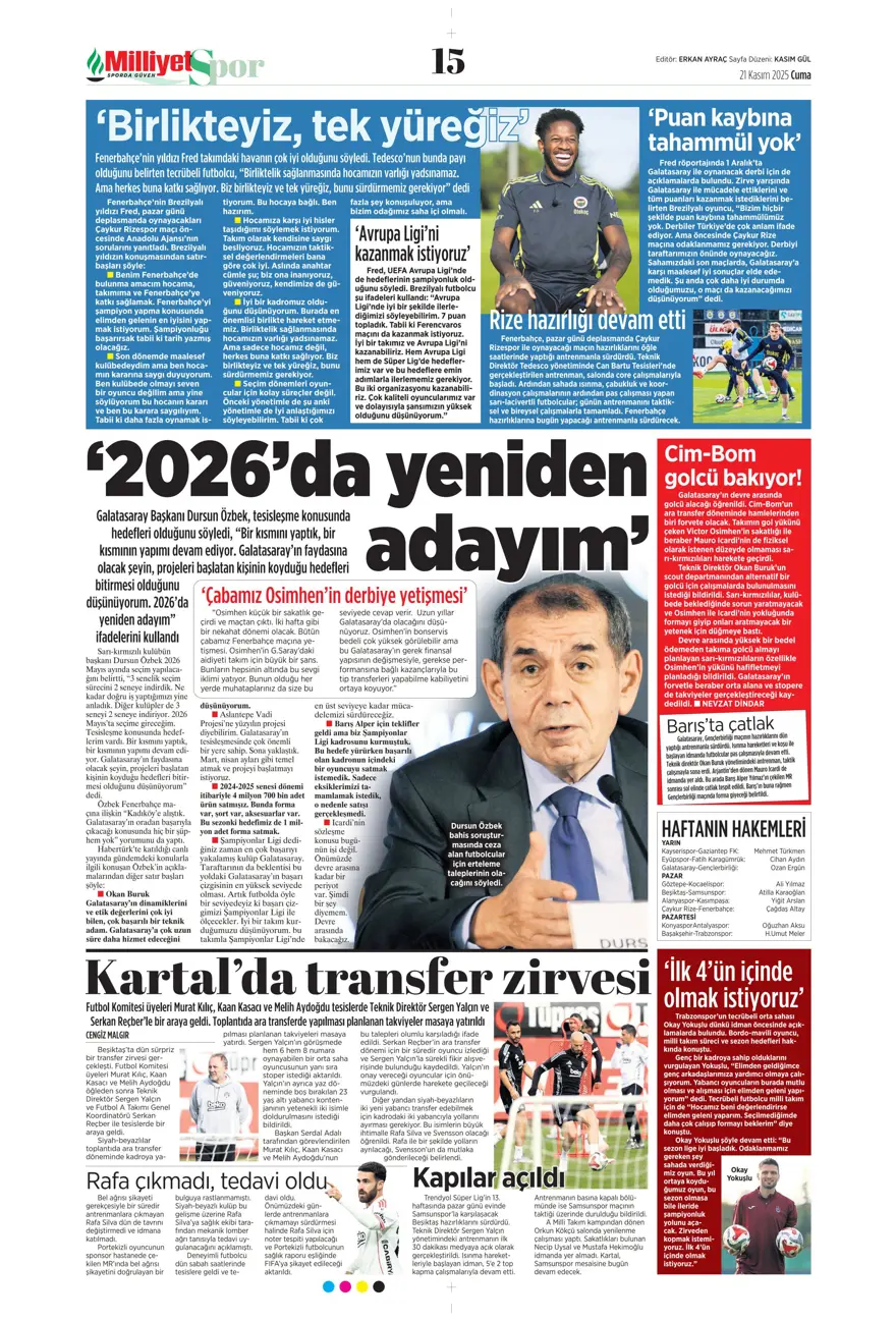 "Balkan turuyla Amerika'ya" (21 Kasım 2025 spor manşetleri) 15