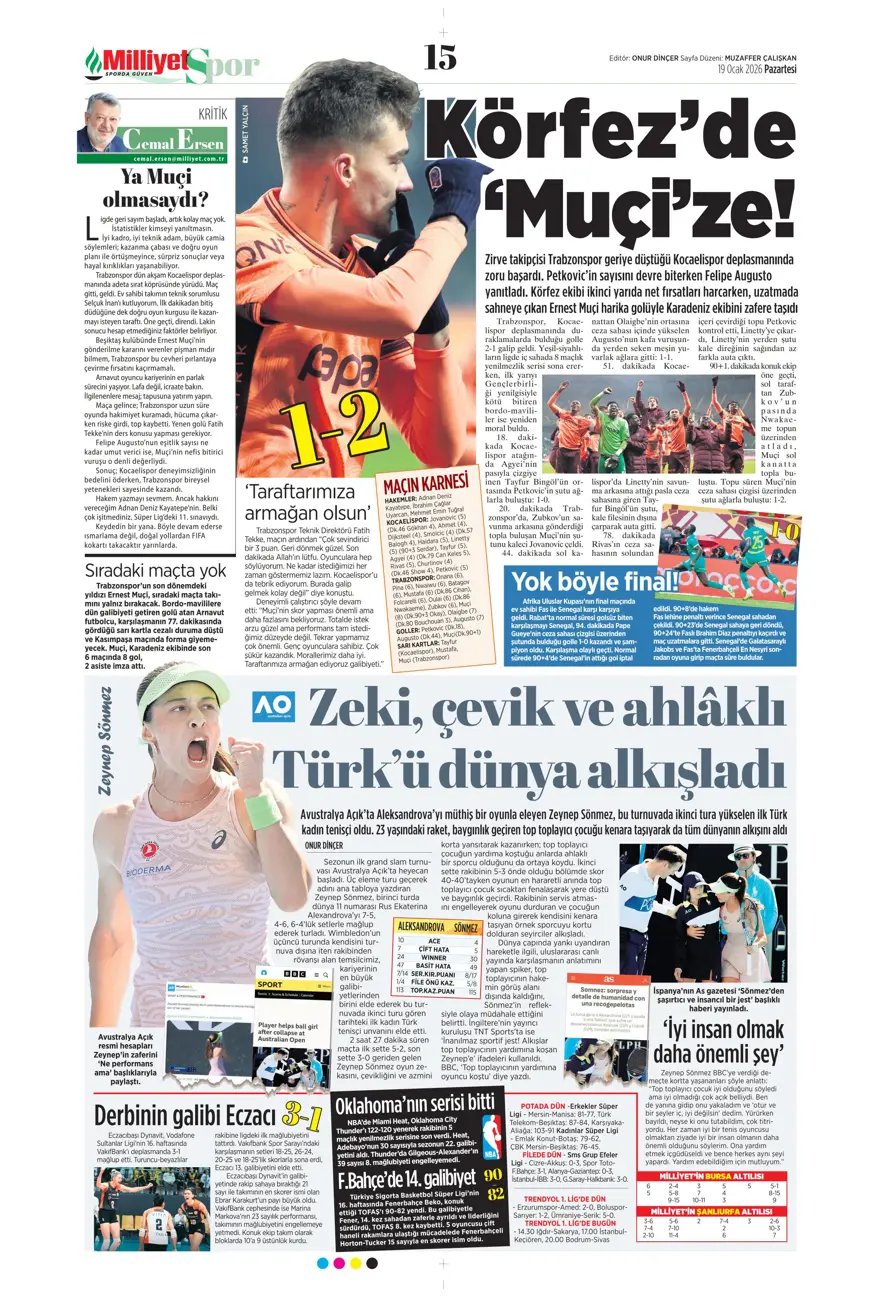 "Zirveye yürüyor" (19 Ocak 2026 spor manşetleri) 23