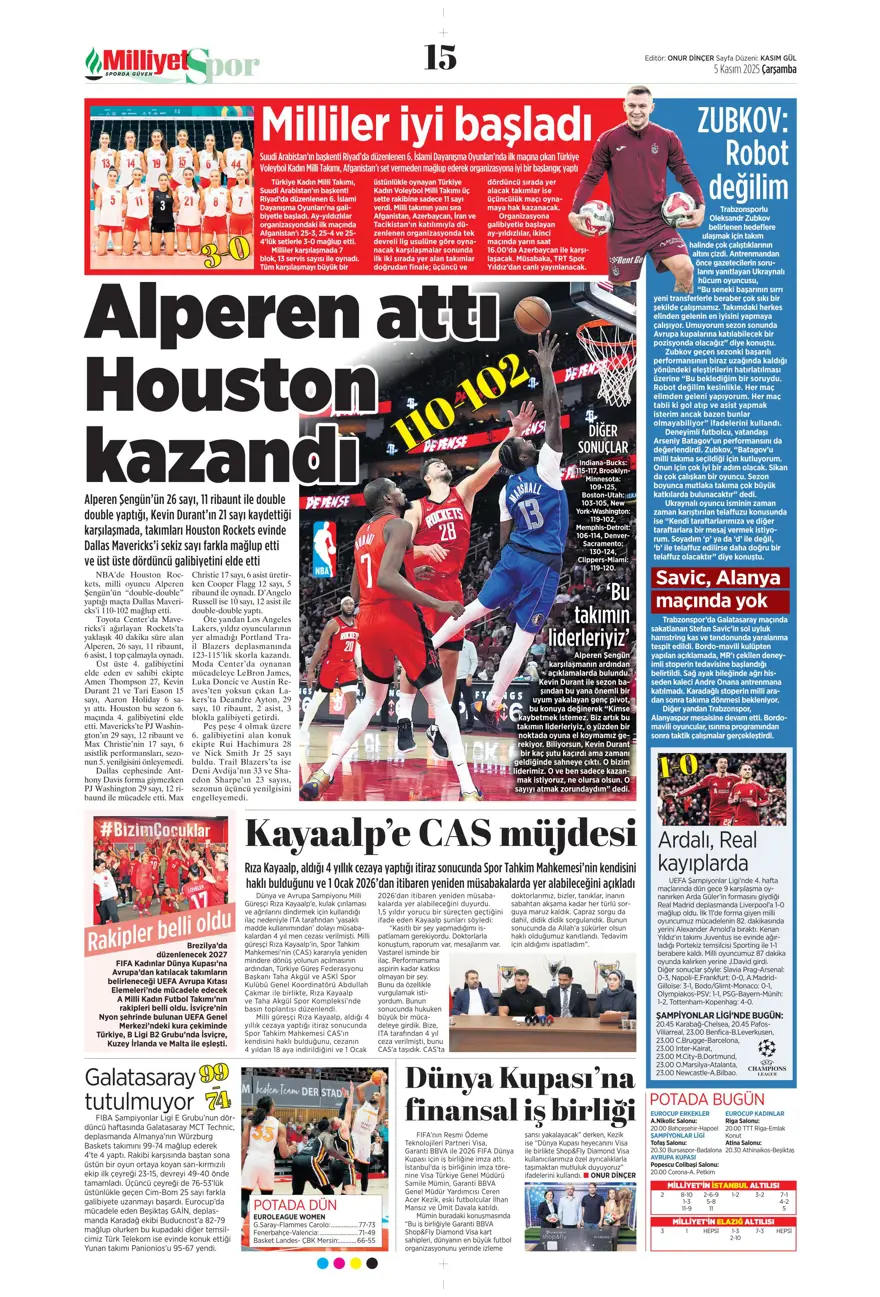 "Devler Ligi'nde Aslan gecesi" (5 Kasım 2025 spor manşetleri) 22 "Devler Ligi'nde Aslan gecesi" (5 Kasım 2025 spor manşetleri) 22
