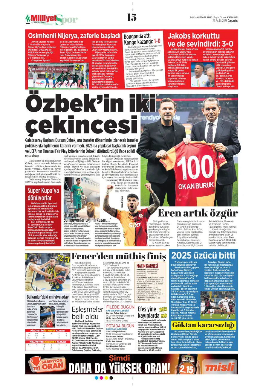 "Kadıköy'de Cerny pençesi" (24 Aralık spor manşetleri) 14 "Kadıköy'de Cerny pençesi" (24 Aralık spor manşetleri) 14