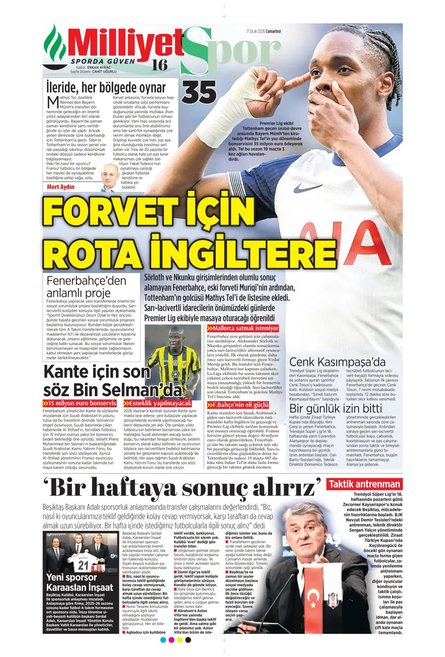 "Akıl oyunları" (17 Ocak 2026 spor manşetleri) 19