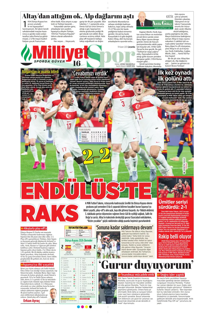 "Endülüs'te raks" (19 Kasım 2025 spor manşetleri) 