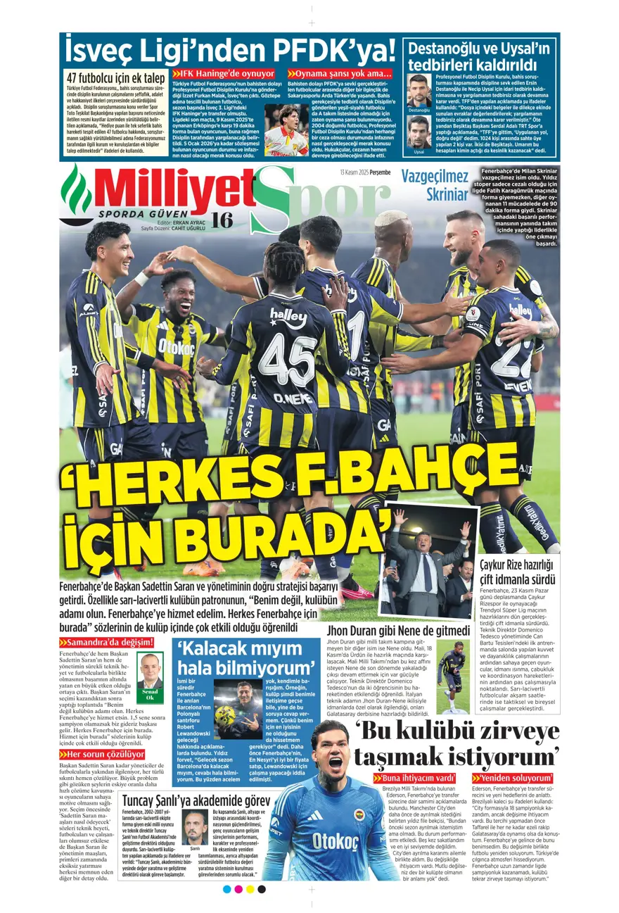 "Lewandowski bombası" (13 Kasım 2025 spor manşetleri) 18