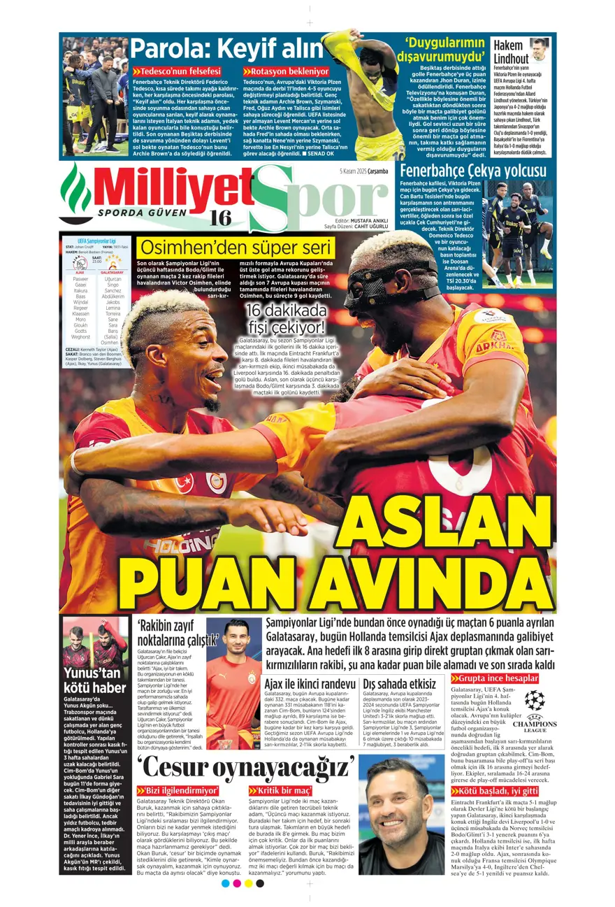 "Devler Ligi'nde Aslan gecesi" (5 Kasım 2025 spor manşetleri) 27 "Devler Ligi'nde Aslan gecesi" (5 Kasım 2025 spor manşetleri) 27