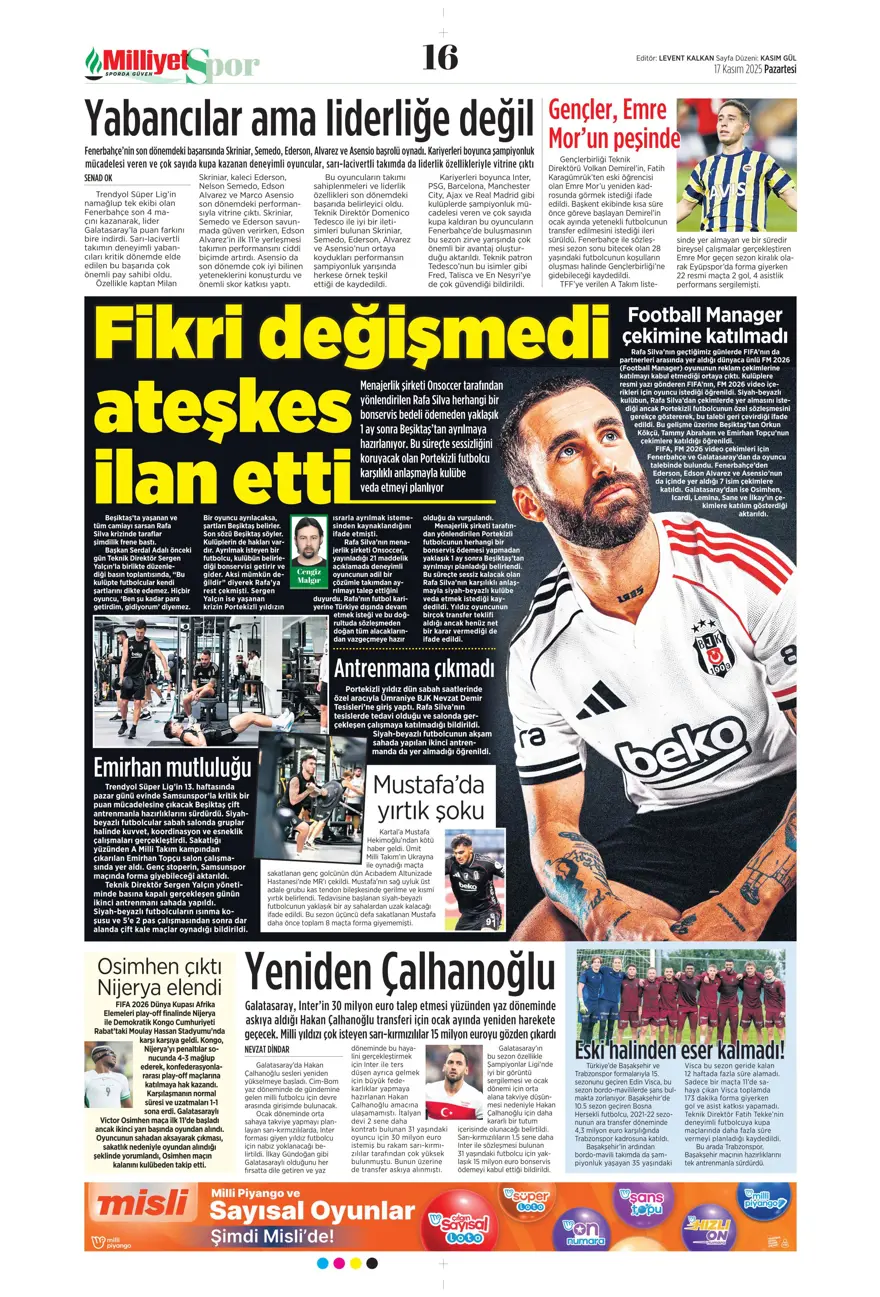 "Yolumuz açık" (17 Kasım 2025 spor manşetleri) 13