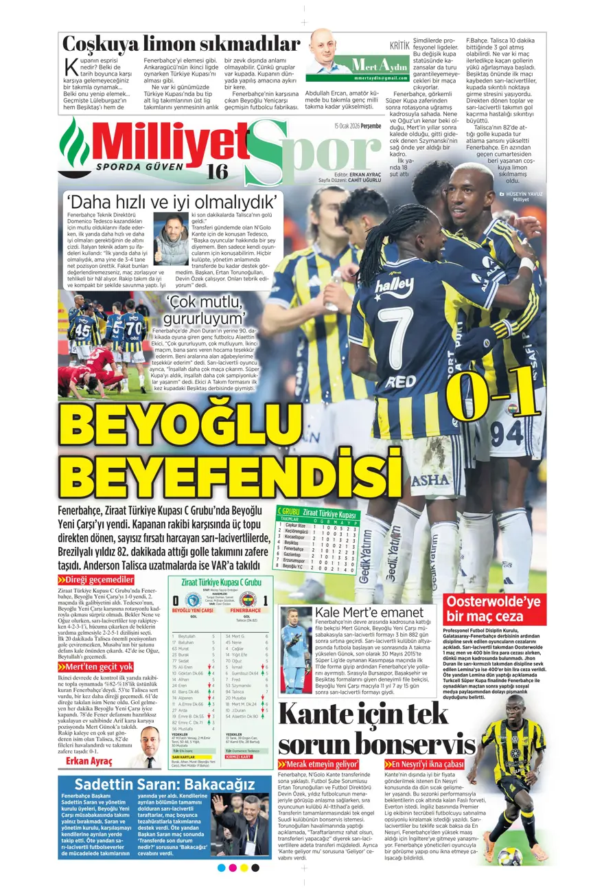 "Orta sahaya nokta atışı" (15 Ocak 2026 spor manşetleri) 21 "Orta sahaya nokta atışı" (15 Ocak 2026 spor manşetleri) 21