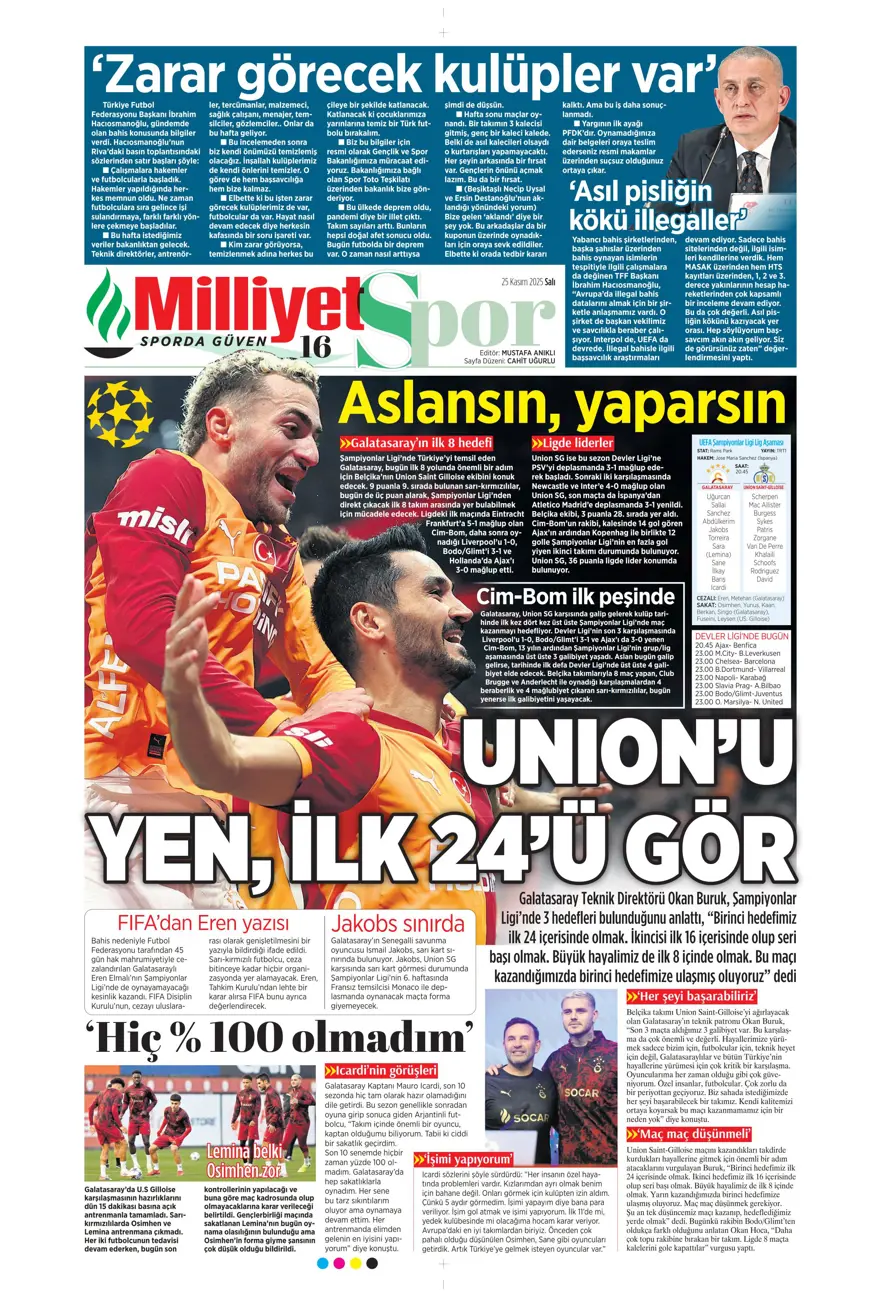 "Aslan'ın yeni avı Union SG" (25 Kasım 2025 spor manşetleri) 30