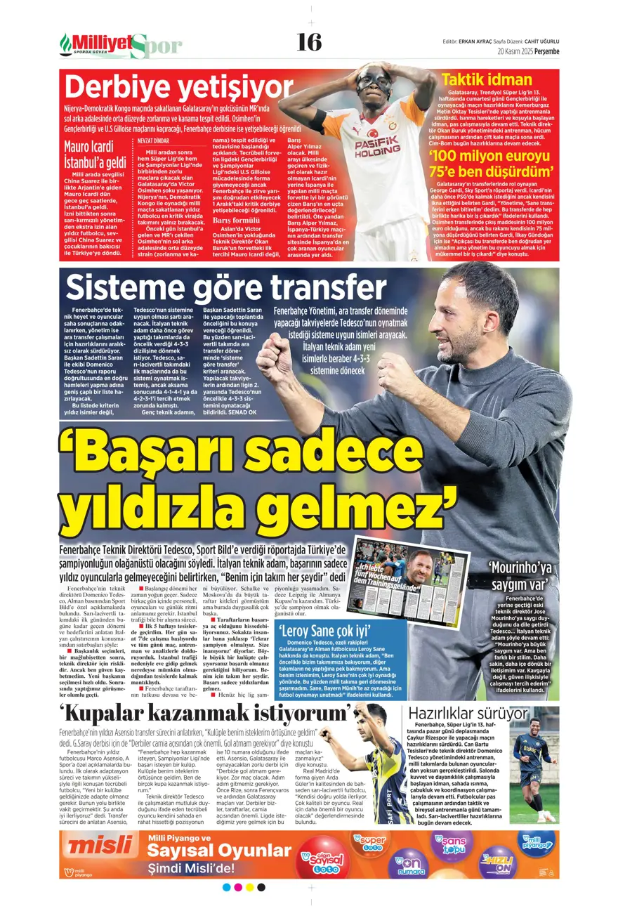 "O bilet gelecek" (20 Kasım 2025 spor manşetleri) 23