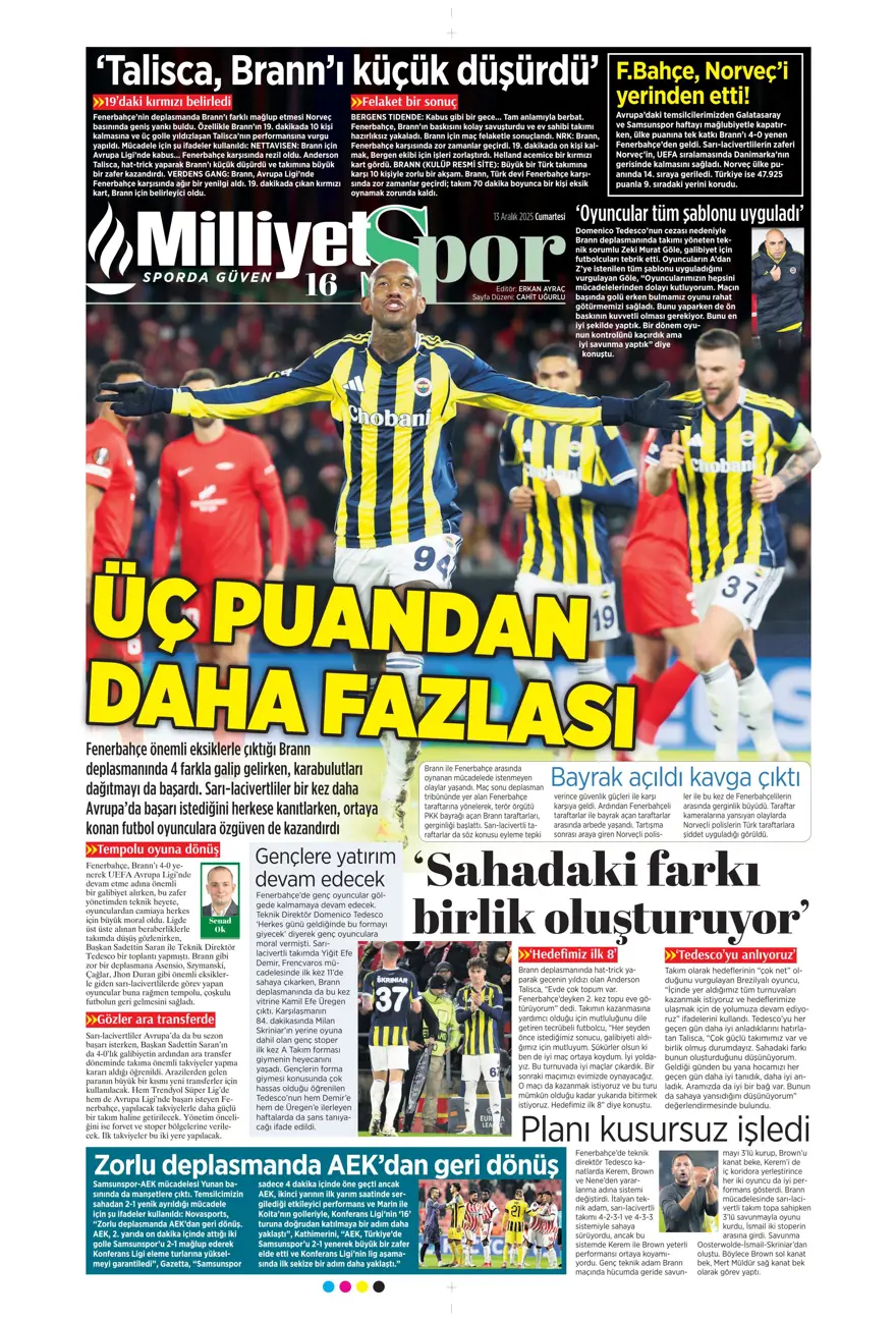 "Avrupa tamam, sıra ligde" (13 Aralık 2025 spor manşetleri) 19