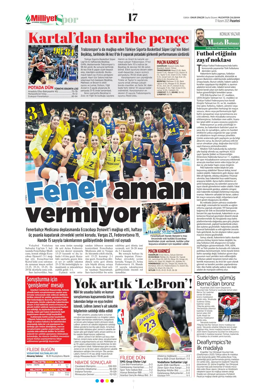 "Yolumuz açık" (17 Kasım 2025 spor manşetleri) 19