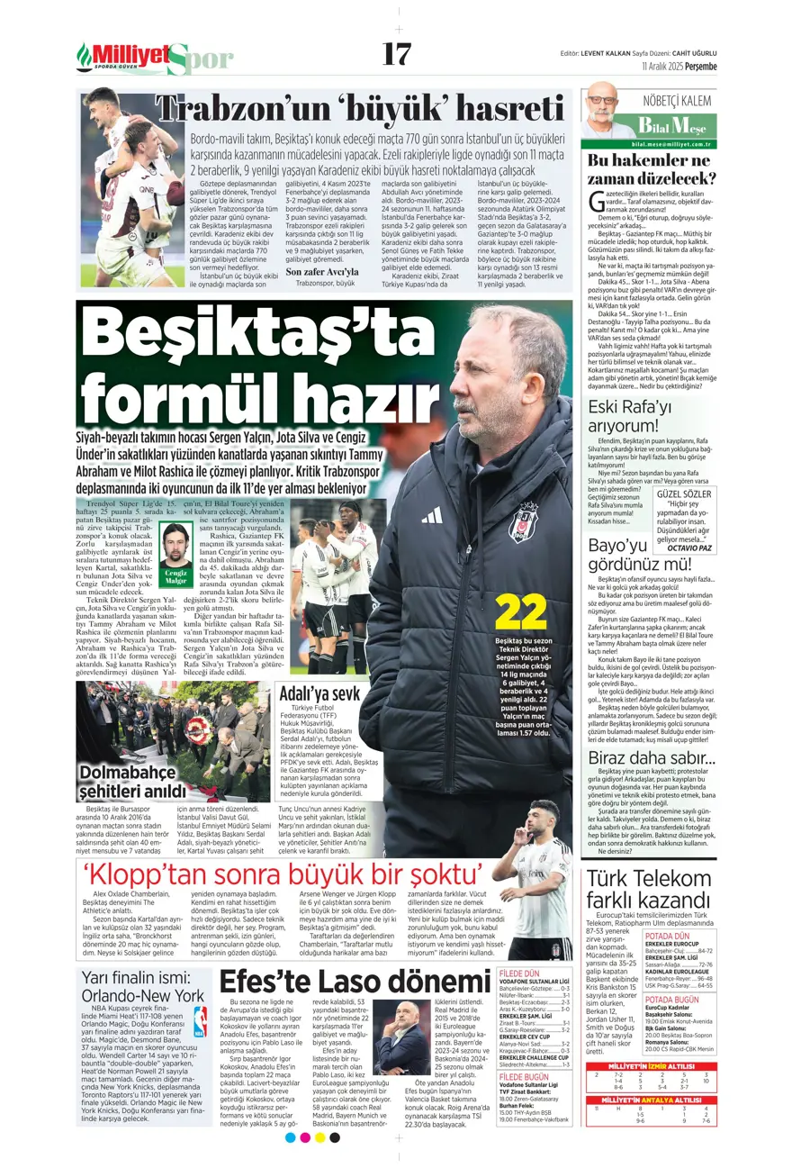 "Zafer yakışır" (11 Aralık 2025 spor manşetleri)
 16