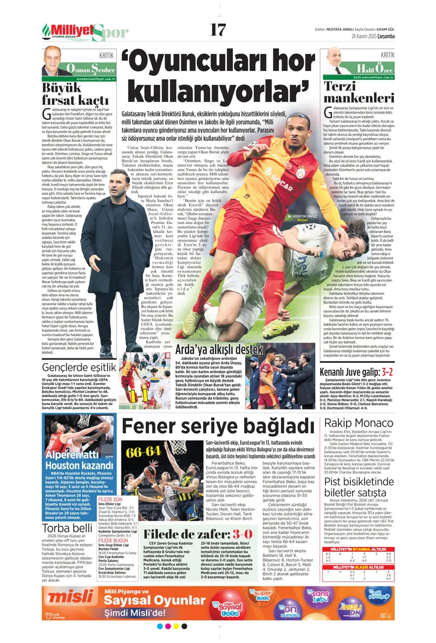 "Aslan fırsat tepti" (26 Kasım 2025 spor manşetleri) 32
