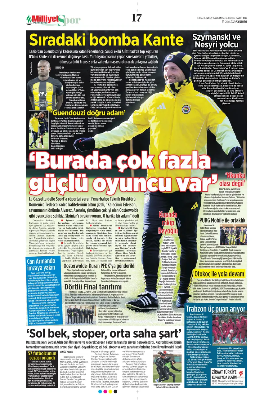 "Fenerbahçe'de Kante haftası" (14 Ocak 2026 spor manşetleri) 15