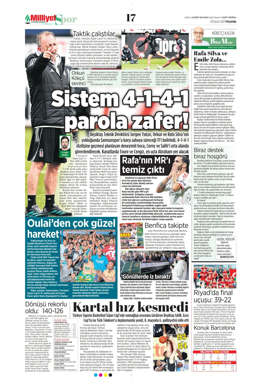 "O bilet gelecek" (20 Kasım 2025 spor manşetleri) 20