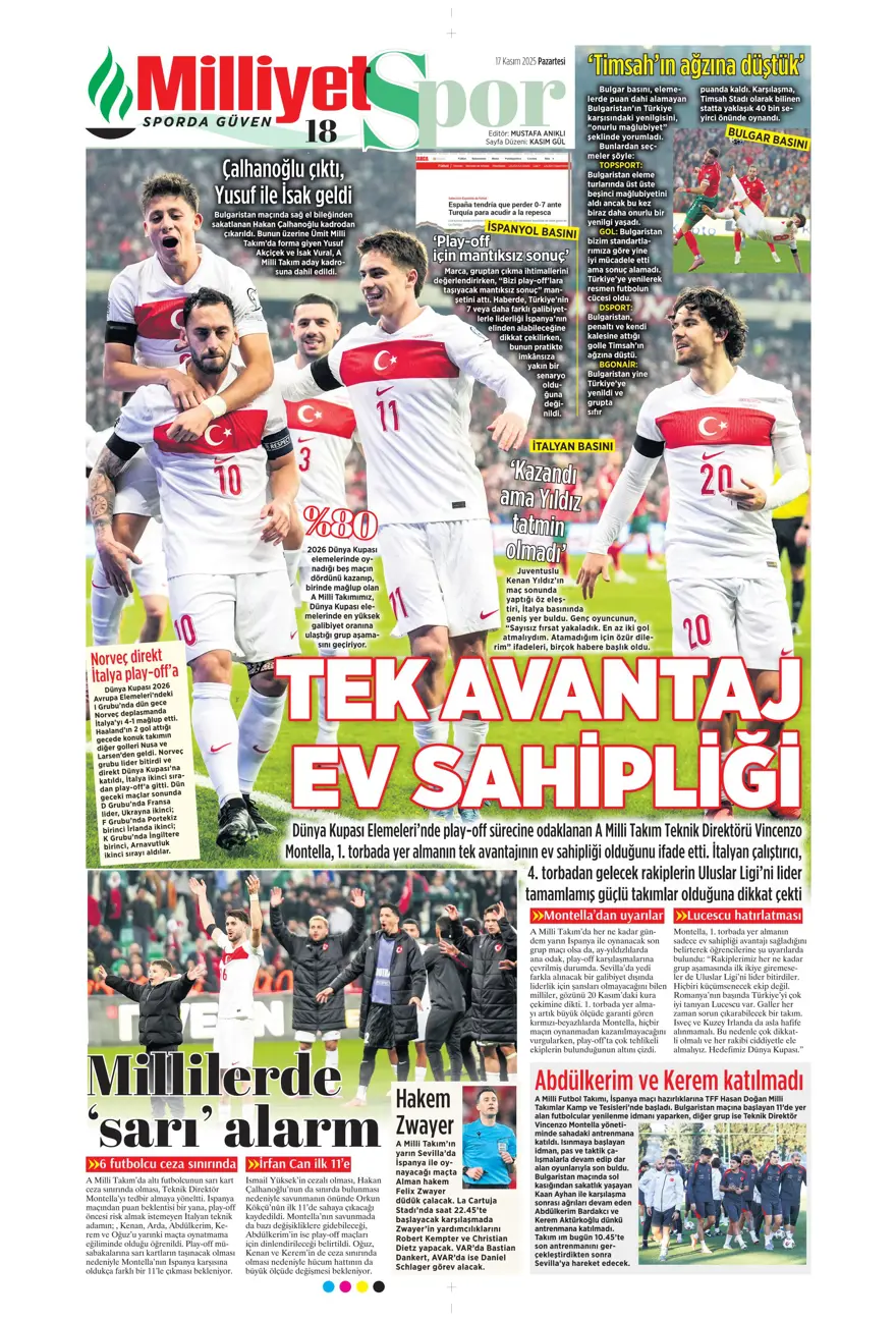 "Yolumuz açık" (17 Kasım 2025 spor manşetleri) 3