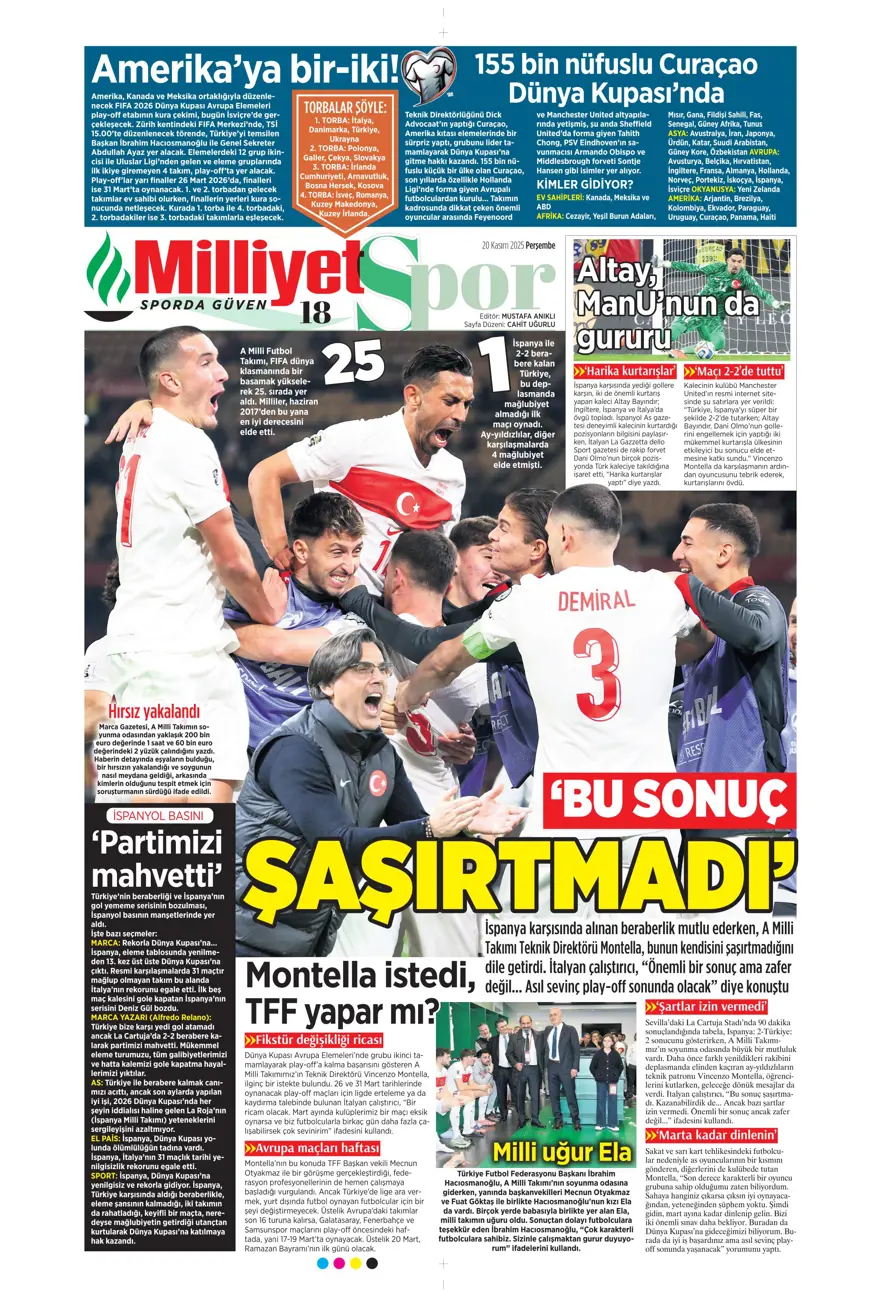 "O bilet gelecek" (20 Kasım 2025 spor manşetleri) 27