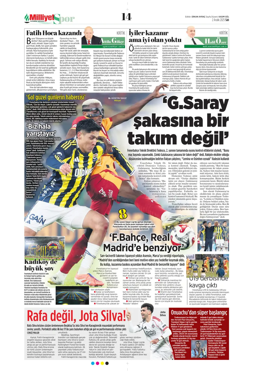 "Aslan salladı, Kanarya yıkılmadı" (2 Aralık 2025 spor manşetleri) 13