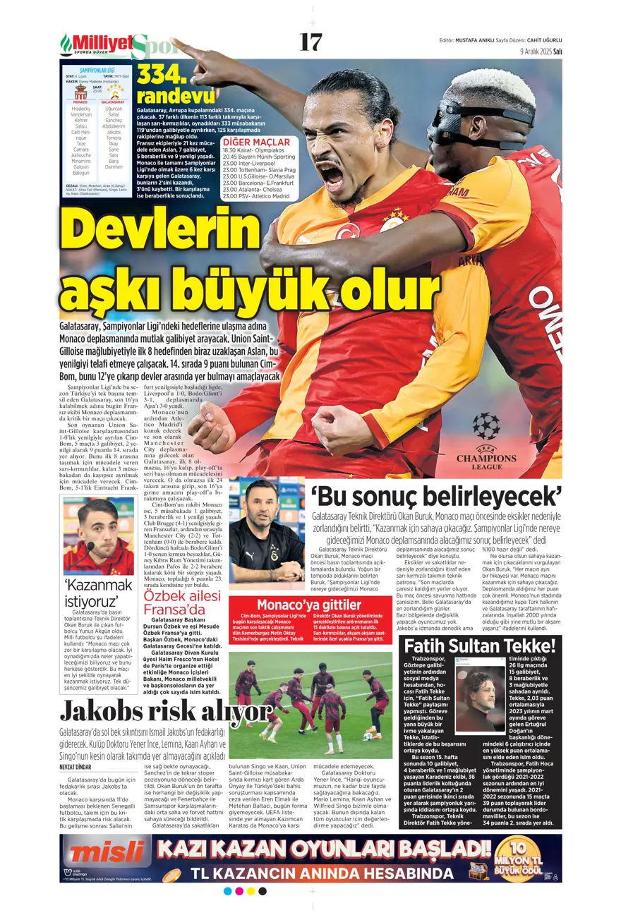 "Tedesco'nun başını rotasyon yaktı" (9 Aralık 2025 spor manşetleri) 16