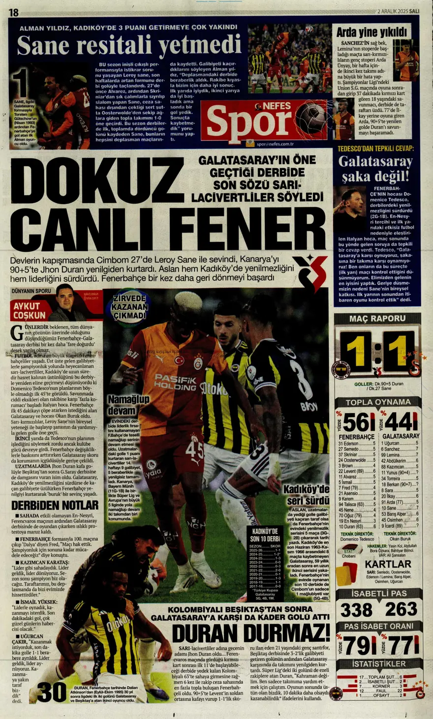 "Aslan salladı, Kanarya yıkılmadı" (2 Aralık 2025 spor manşetleri) 16