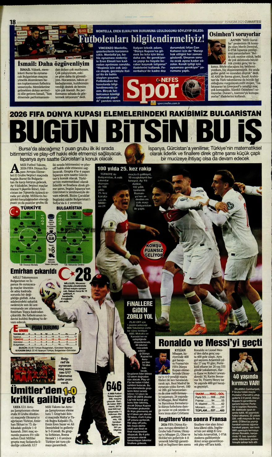 "Parola zafer" (15 Kasım 2025 spor manşetleri) 5